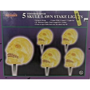 Vintage Halloween Skull Lawn Stake Lights Set of 5 Outdoor Yard Path Lights C7